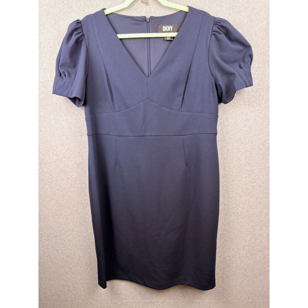DKNY Navy Blue V-Neck Puff Sleeve Sheath Dress Size 16
